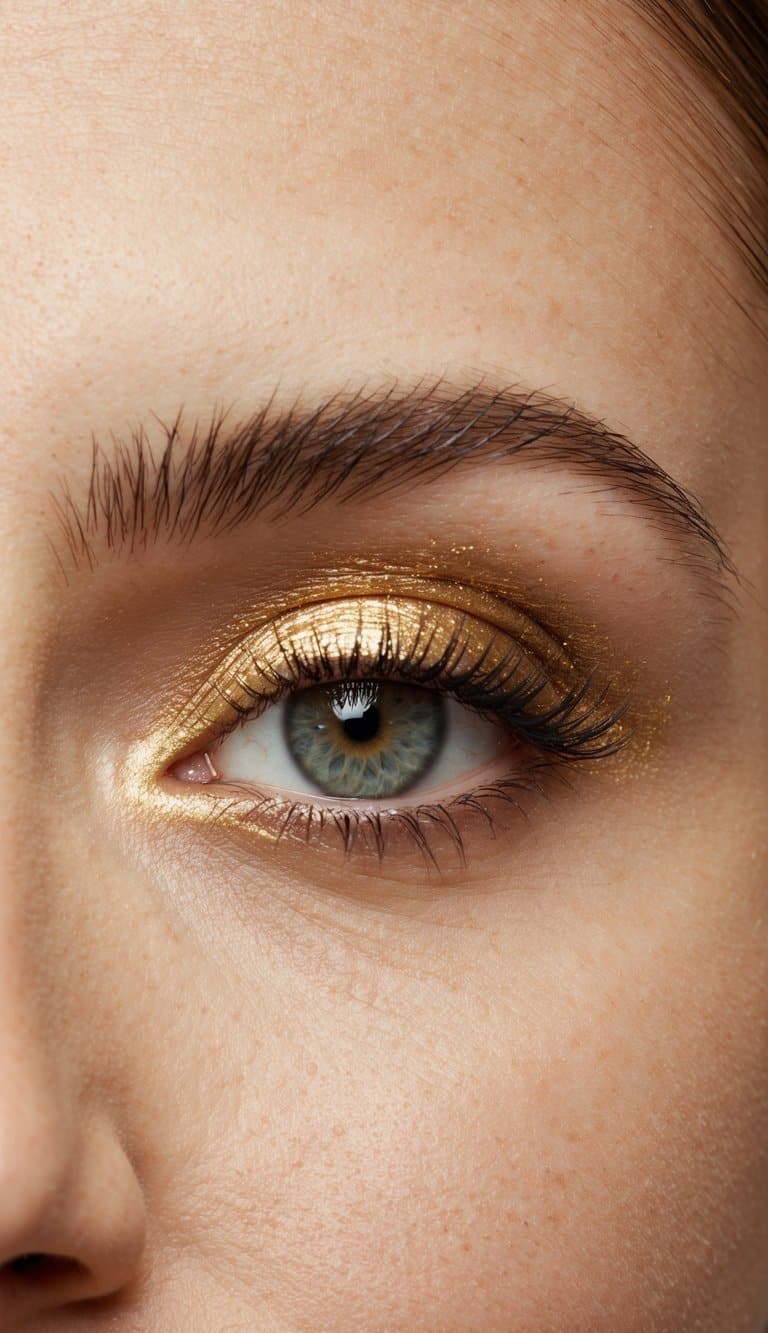 A close-up of a single eyelid with a luminous gold eyeshadow applied in a simple and chic manner