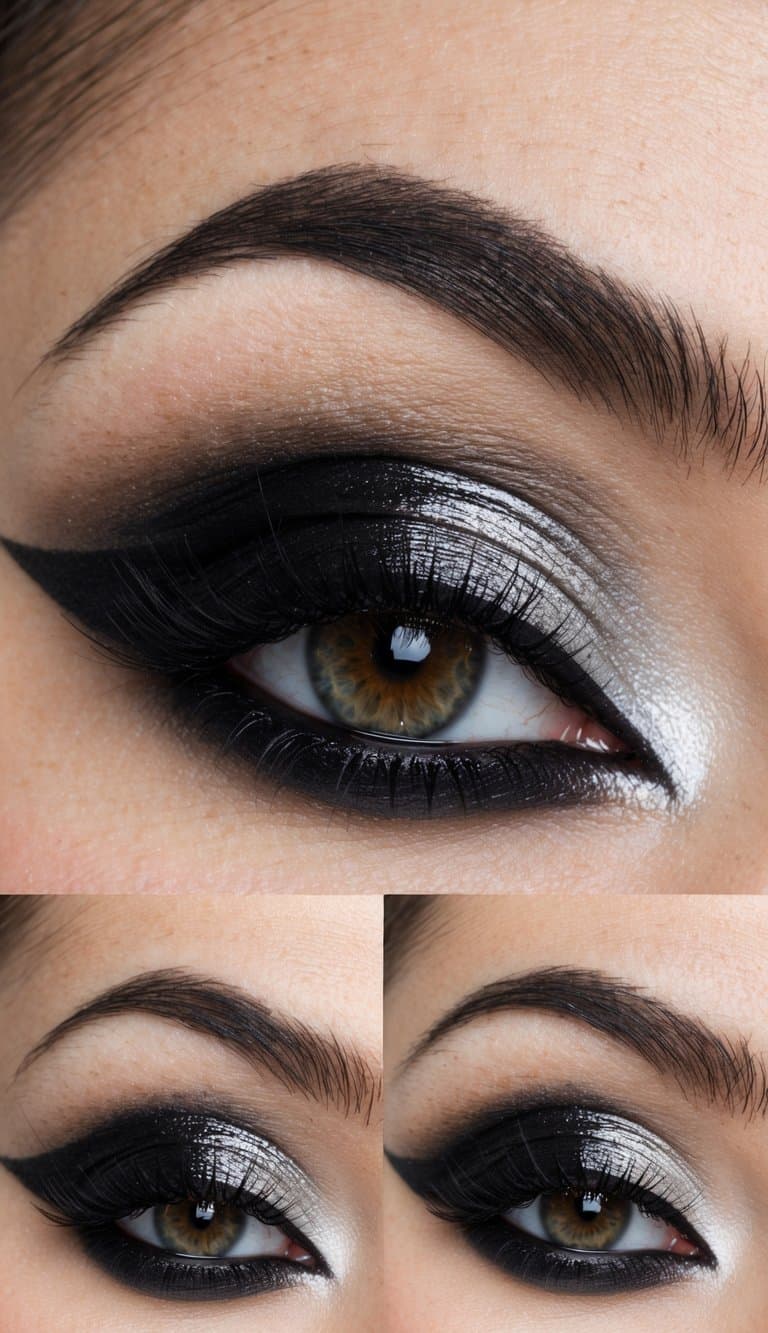 A close-up of a dramatic eye with silver and black makeup, emphasizing the crease detail