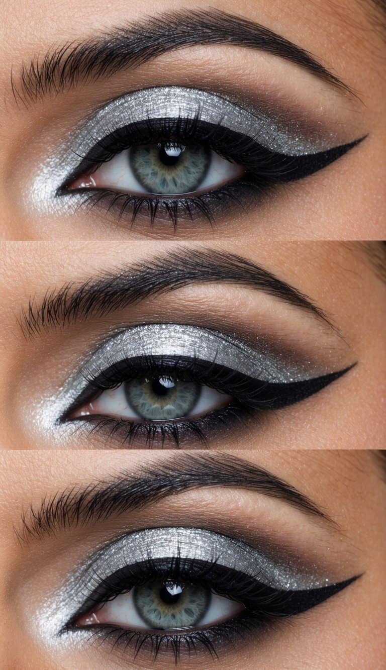 A close-up of a dramatic eye with silver powdered pigment and bold black eyeliner, creating an edgy and sophisticated makeup look