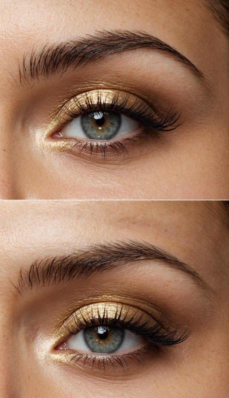 A close-up of a single eyelid with a subtle and elegant gold eye makeup look