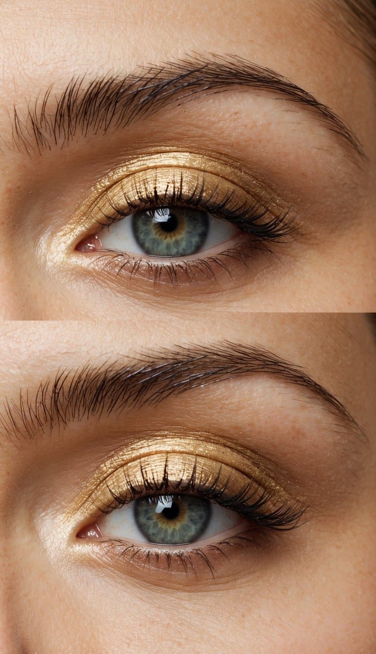 A close-up of an eyelid with a subtle gold eyeshadow, catching the light with a natural sheen