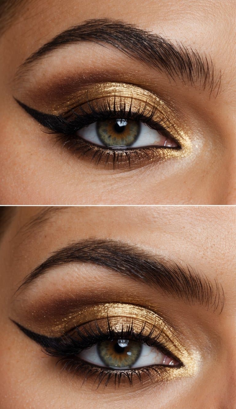 A close-up of a gold and espresso mix eye makeup look, with chic and understated features