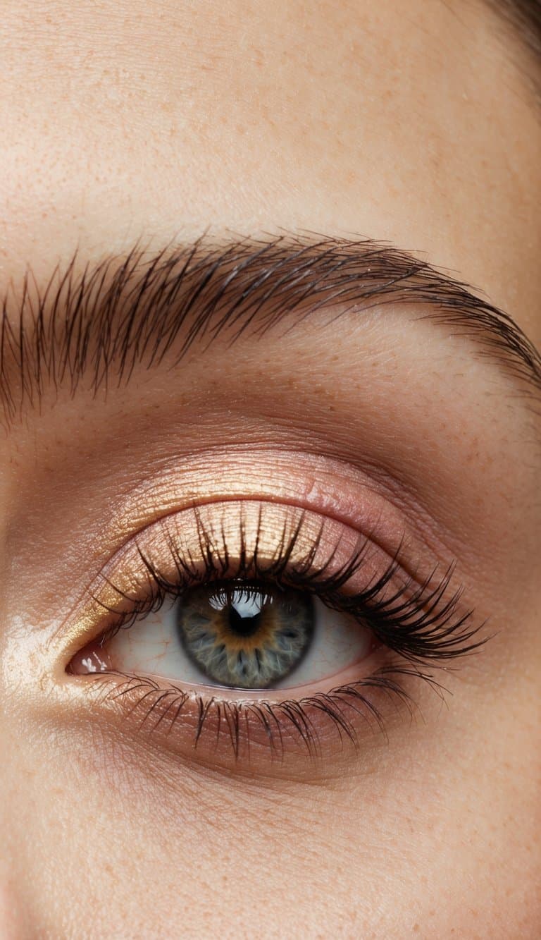 A close-up of a single eyelid with a soft pink tinted gold eyeshadow, creating a chic and understated look