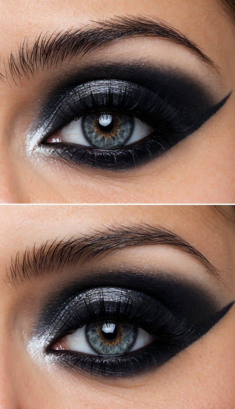 A close-up of a dark, smoky under eye with edgy silver and black eye makeup