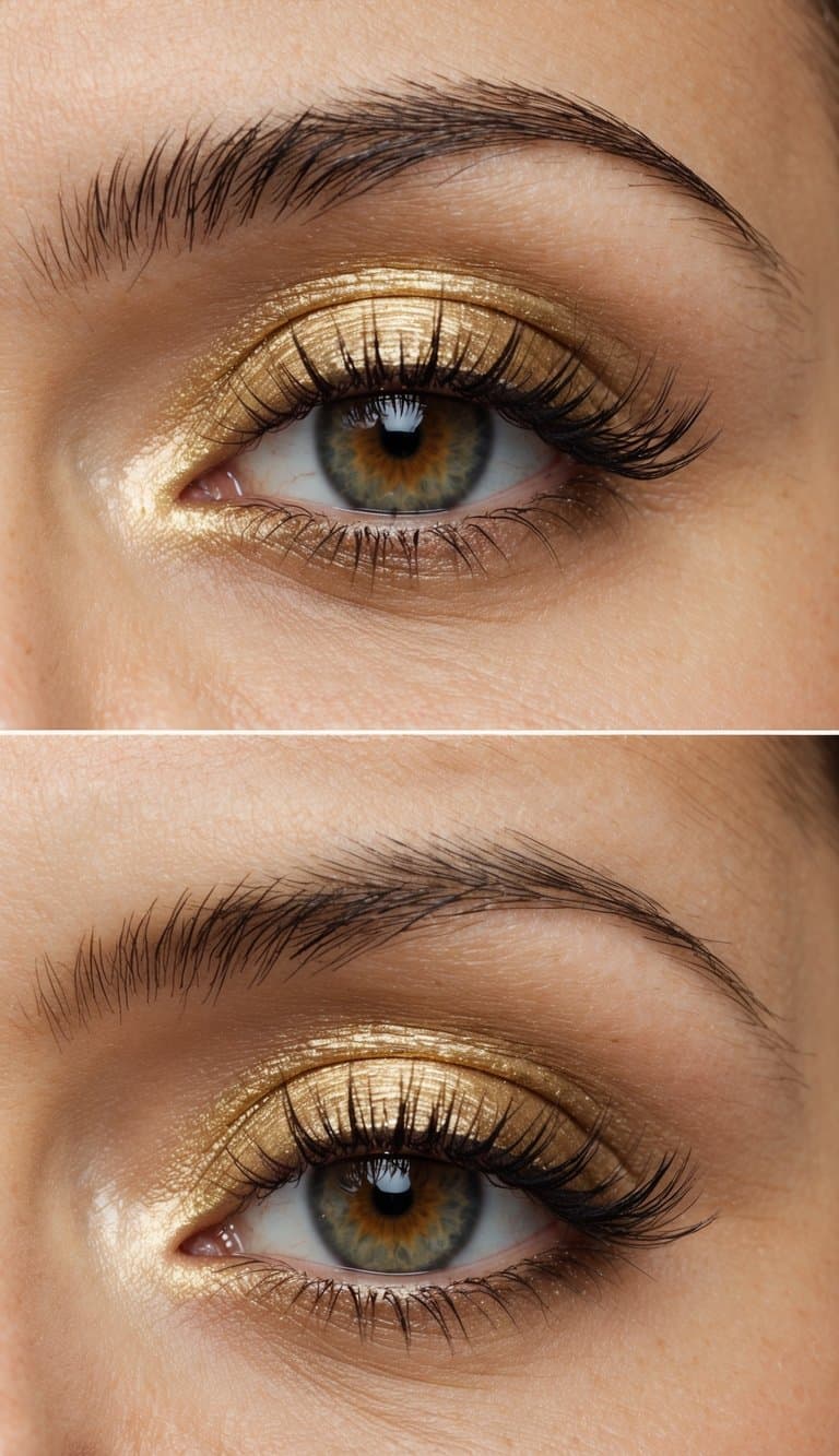 A close-up of a single eyelid with a simple and chic gold eye makeup look, featuring a decadent gold sheen