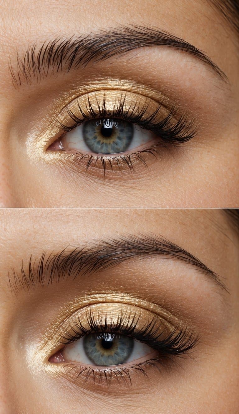 A close-up of a gold eye makeup look with subtle shimmer and a hint of blush, creating a chic and understated appearance