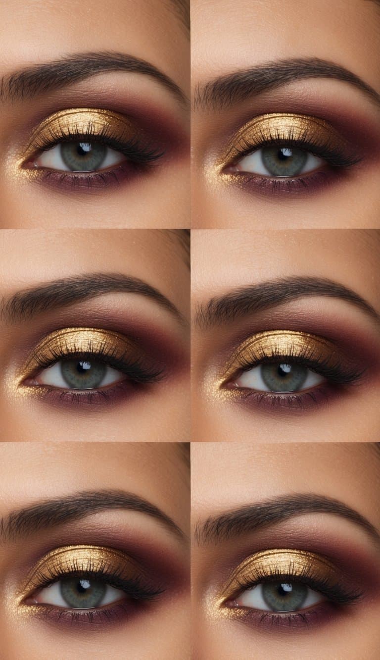 A regal gold and plum eye makeup look with subtle shimmer and elegant simplicity