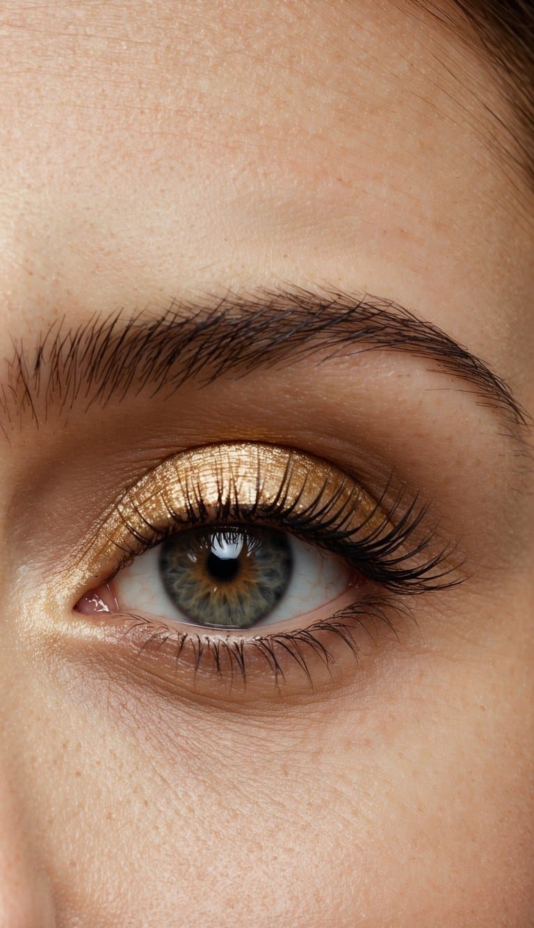 A close-up of a single eyelid with a subtle, shimmering gold eyeshadow