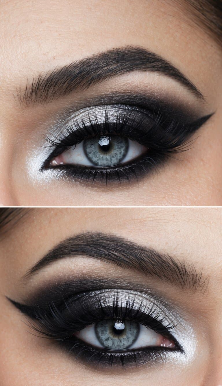 A close-up of a dramatic eye with silver and black makeup, showcasing edgy and sophisticated style