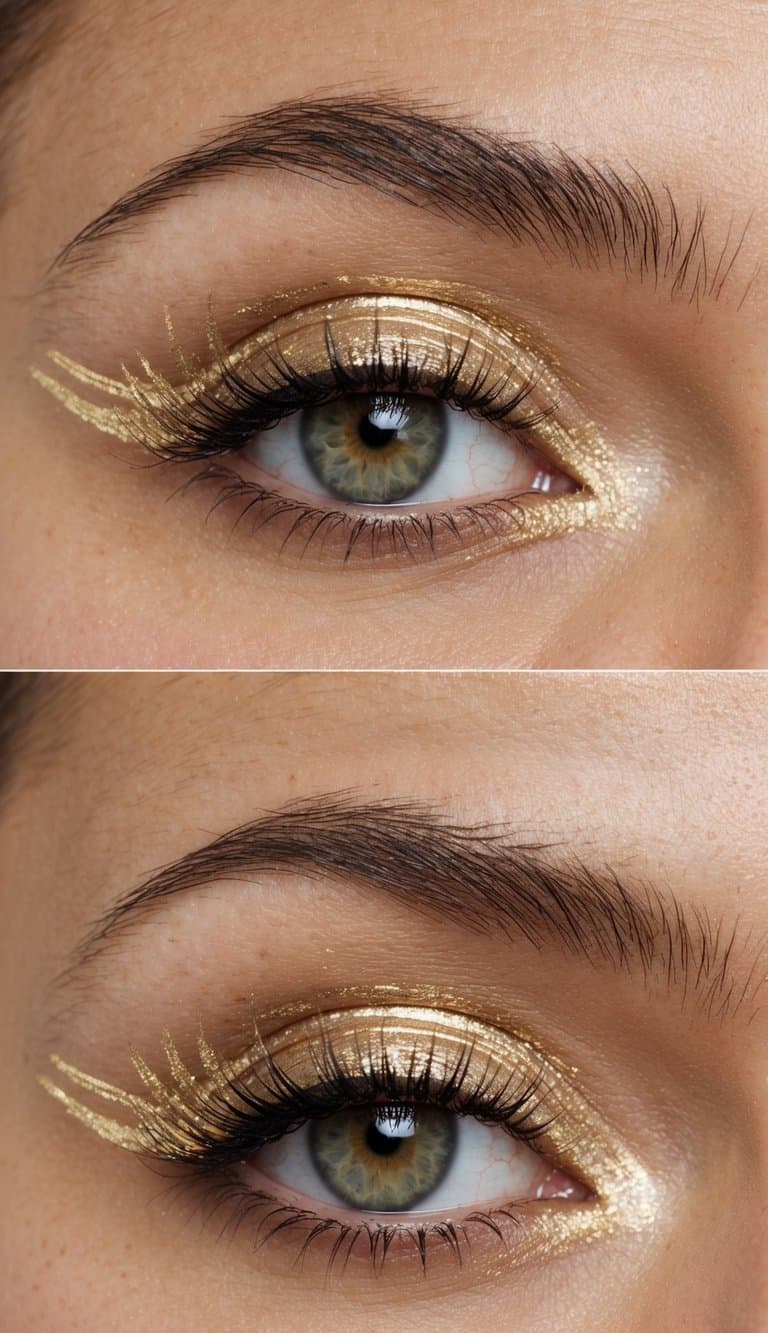 A close-up of an eyelid with delicate gold tracery makeup