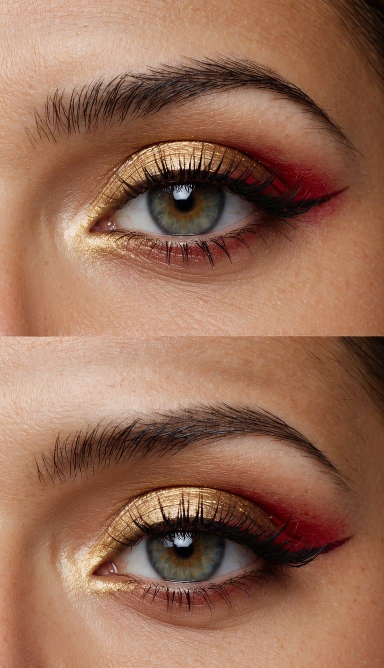 A close-up of a simple gold eye makeup look with cherry red accents