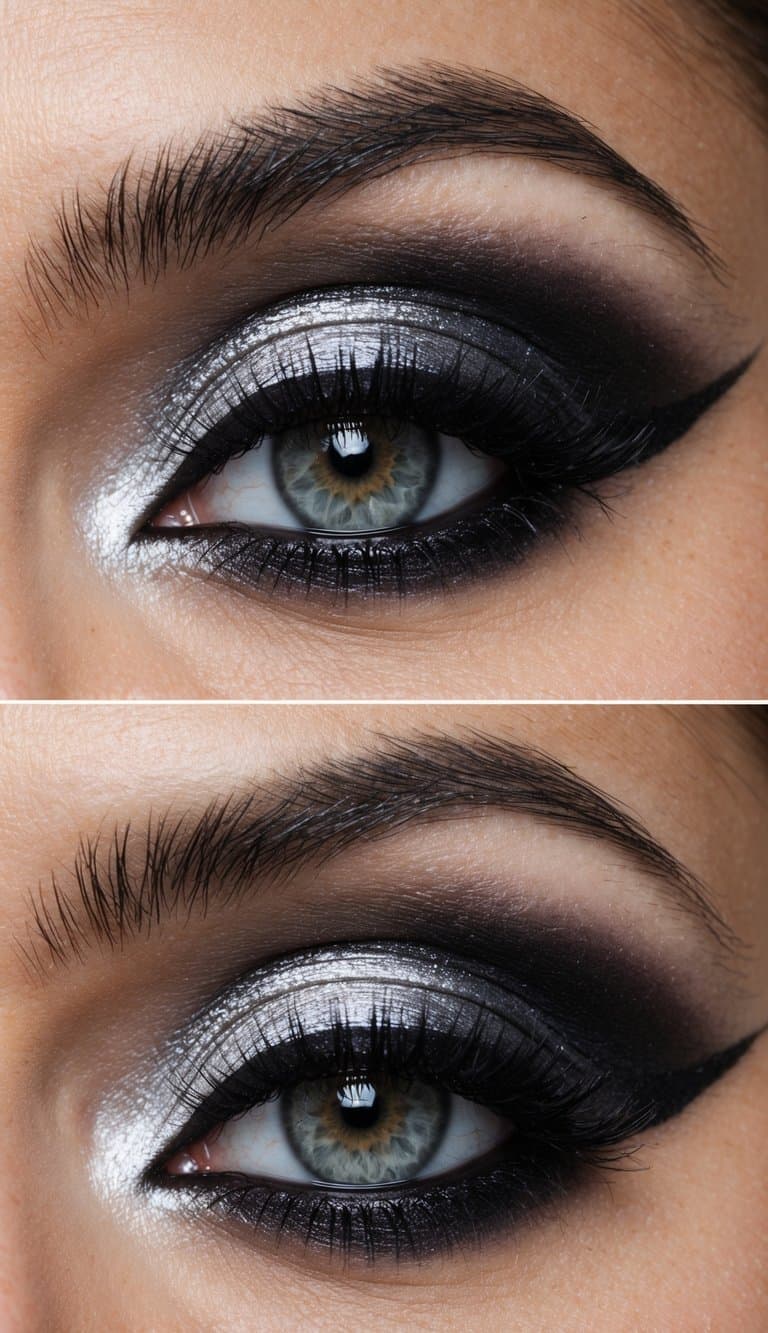 A close-up of a dramatic eye with silver and black makeup, showcasing an edgy and sophisticated look