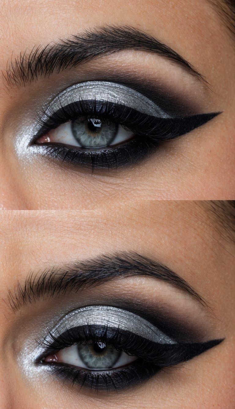 A close-up of a dramatic silver and black eye makeup look with a smudged, sooty eyeliner finish