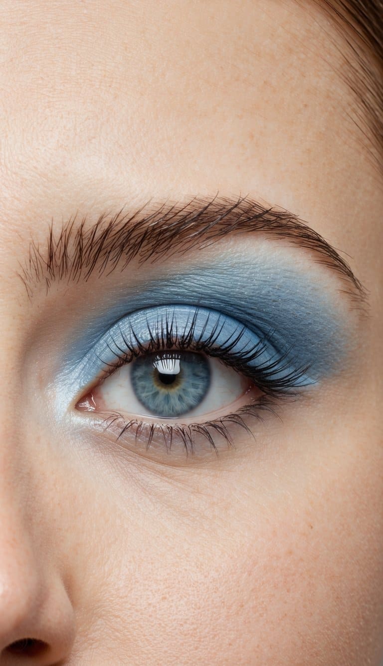 Soft and dreamy sky-blue eye makeup on a closed eye, with wispy clouds and a hint of shimmer