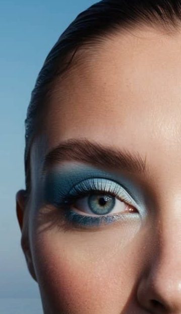 A serene ocean horizon with soft, dreamy sky-blue eye makeup reflected in the calm waters