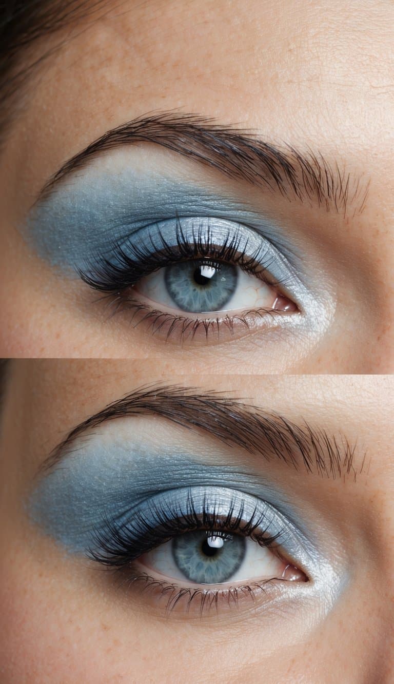 A serene, silvery sky with wispy clouds and a hint of shimmering blue