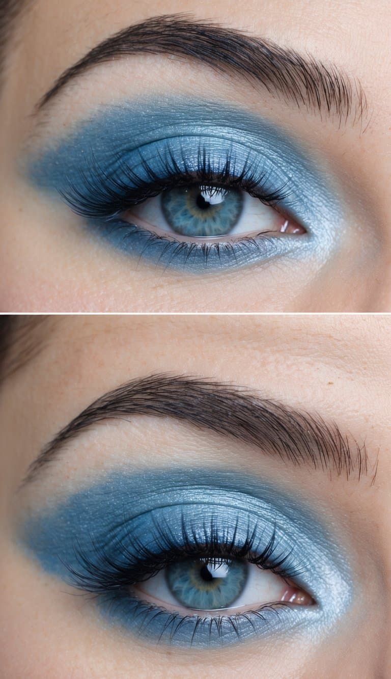 A soft, dreamy sky-blue eye makeup look with smoky undertones, creating a pastel sky blue effect