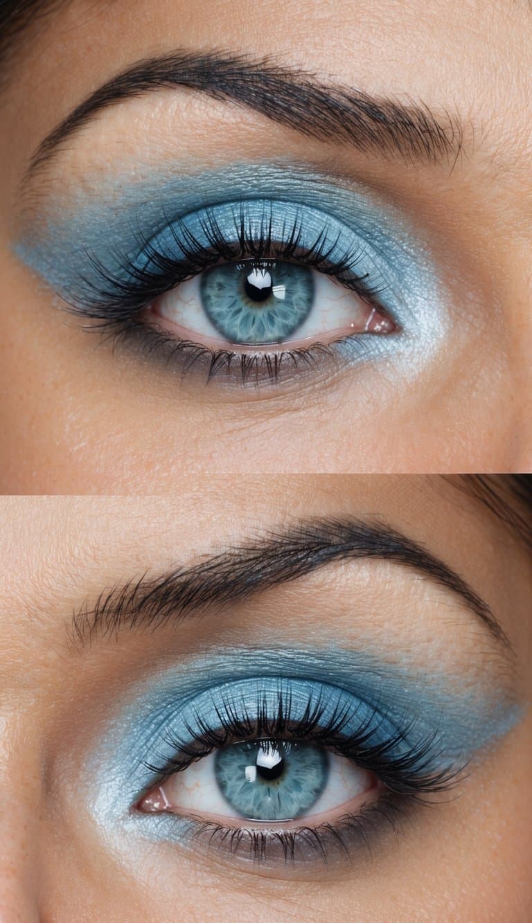 A close-up of a pair of eyes with a soft and dreamy sky-blue halo eye makeup look