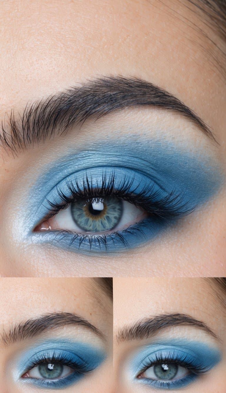 A serene sky-blue ombre eye makeup look, with soft and dreamy tones blending seamlessly