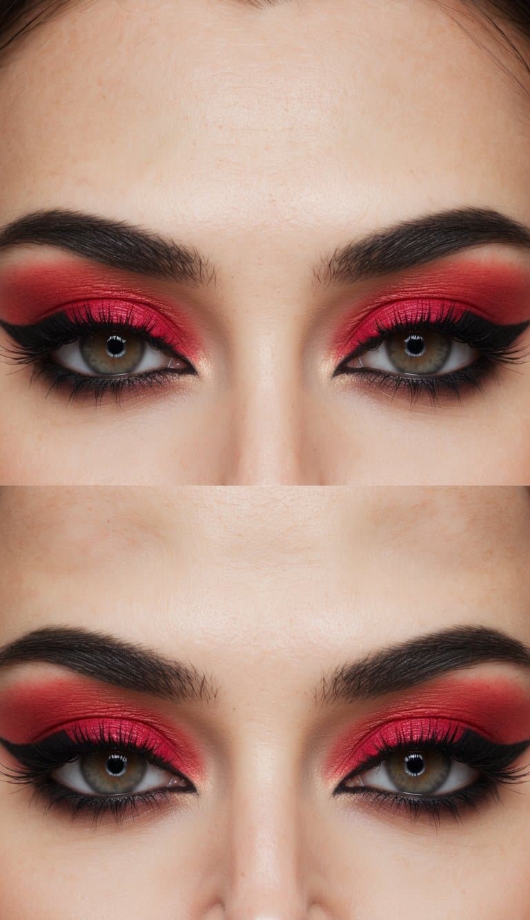 A close-up of a pair of eyes with bold red eyeshadow and dark eyeliner, creating a dramatic gothic-inspired makeup look