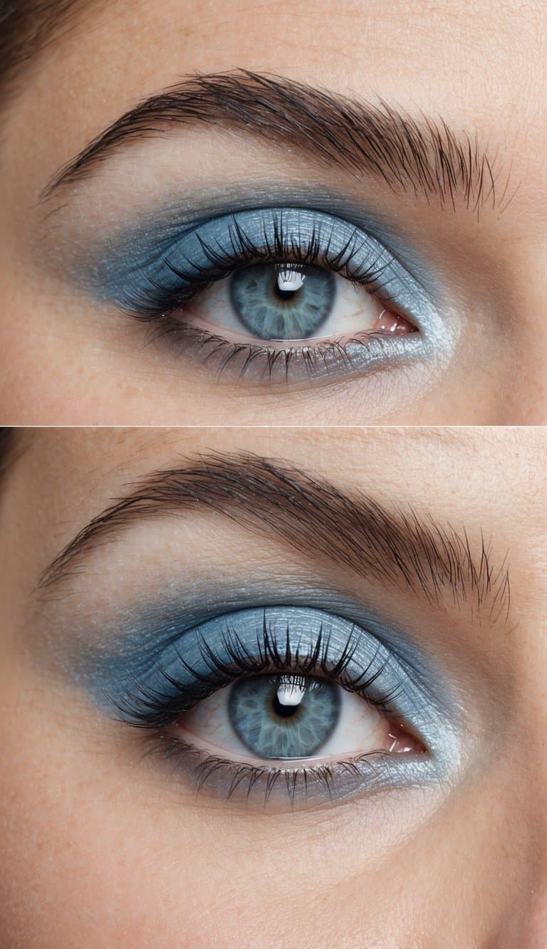 A serene sky-blue eye makeup look with soft, dreamy textures and subtle shimmer