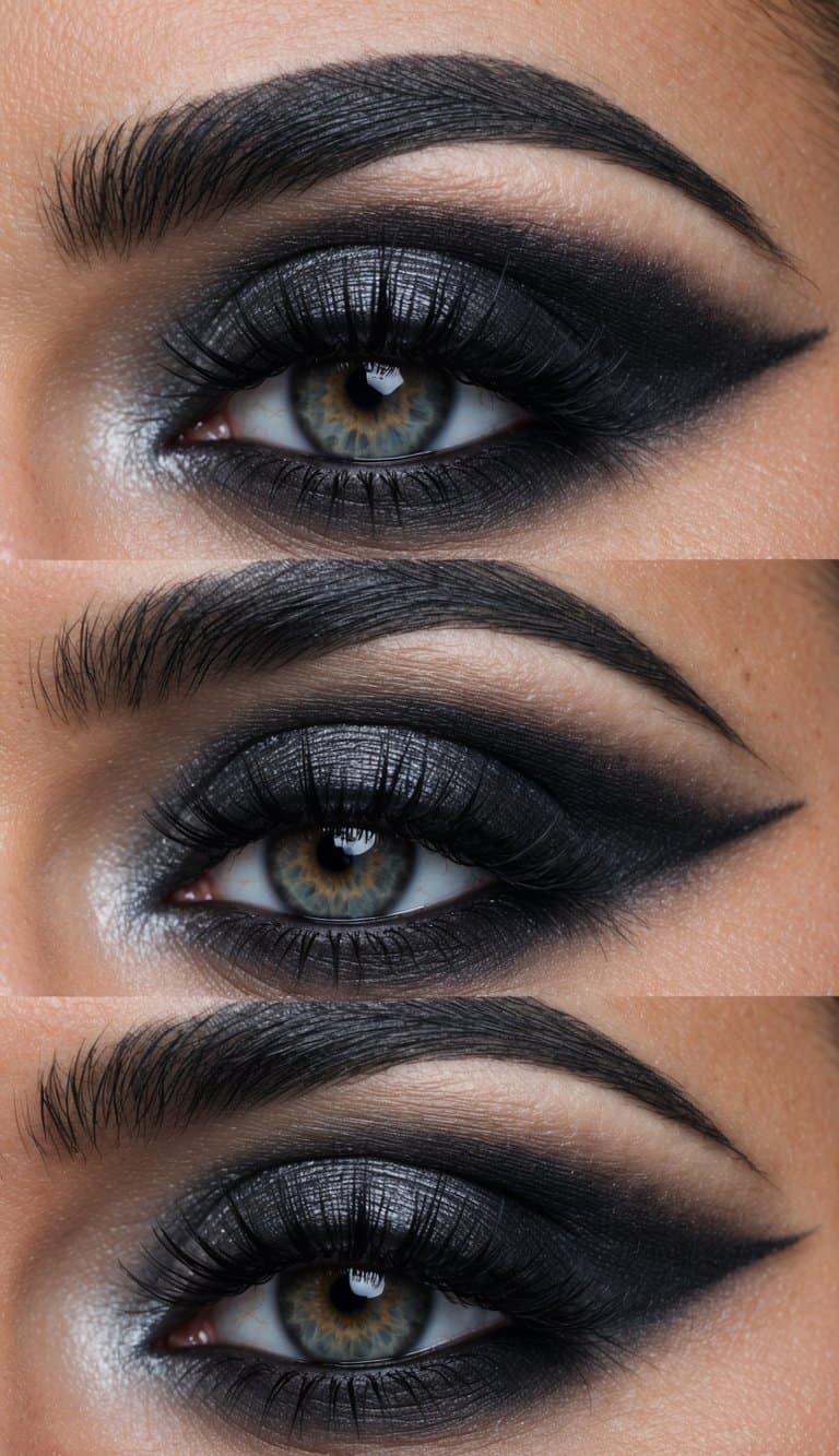 A close-up of a graphite smoky eye with dramatic, gothic-inspired makeup