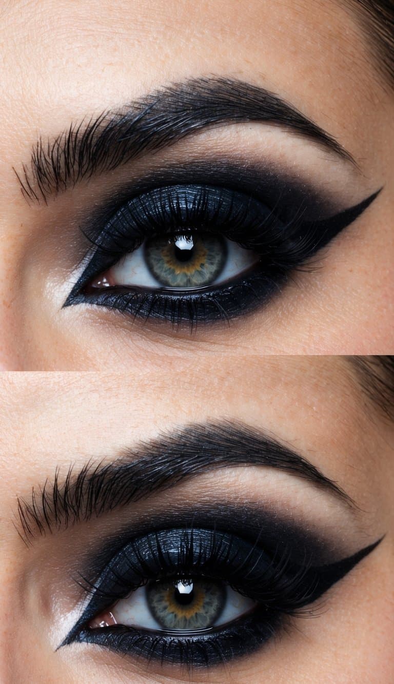 A close-up of a dramatic gothic-inspired cat eye makeup look with bold black eyeliner and dark eyeshadow, creating a striking and intense appearance