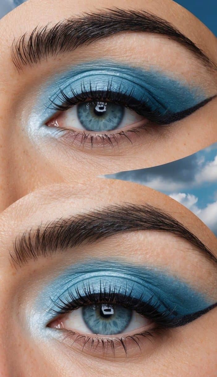 A serene sky-blue eye makeup look with soft, dreamy clouds and a dramatic cut crease, set against a dramatic sky background