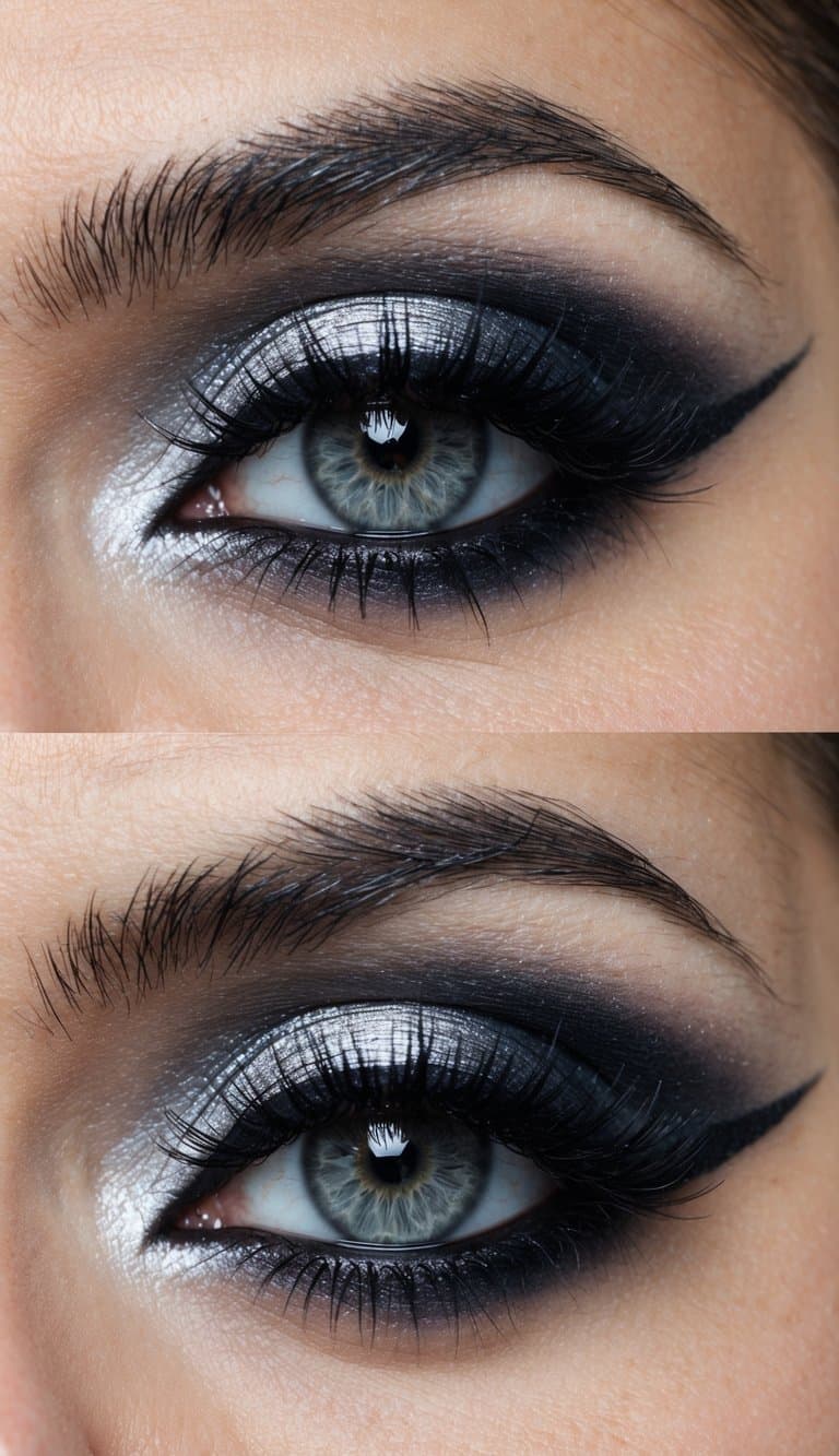A close-up of a dramatic gothic eye makeup look with icy silver shadows creating a striking and intense effect