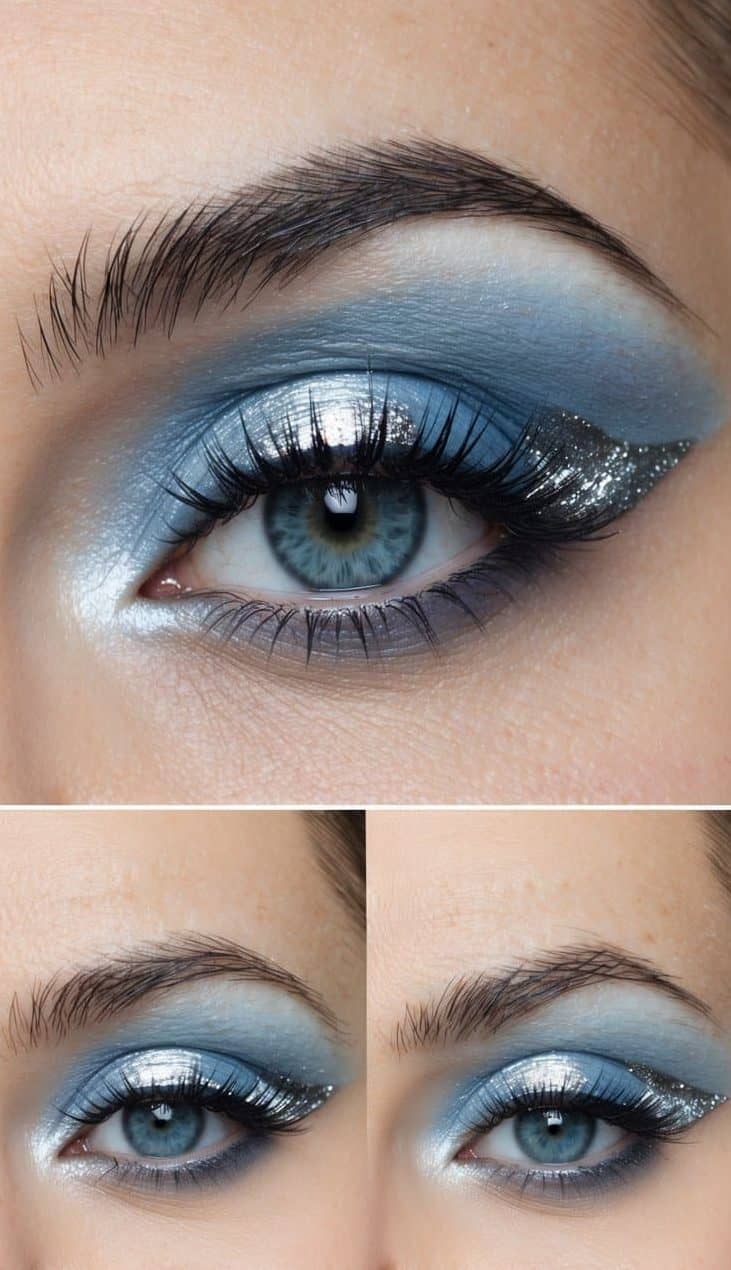 Soft, dreamy sky-blue eye makeup with silver foil accents