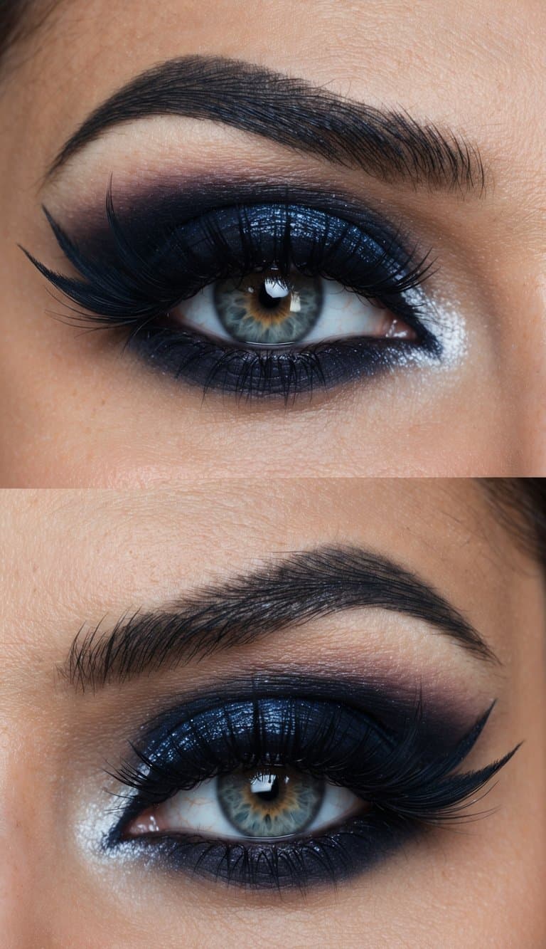 A pair of eyes with dramatic gothic-inspired makeup, featuring dusk winged eyeliner and dark, bold eyeshadow