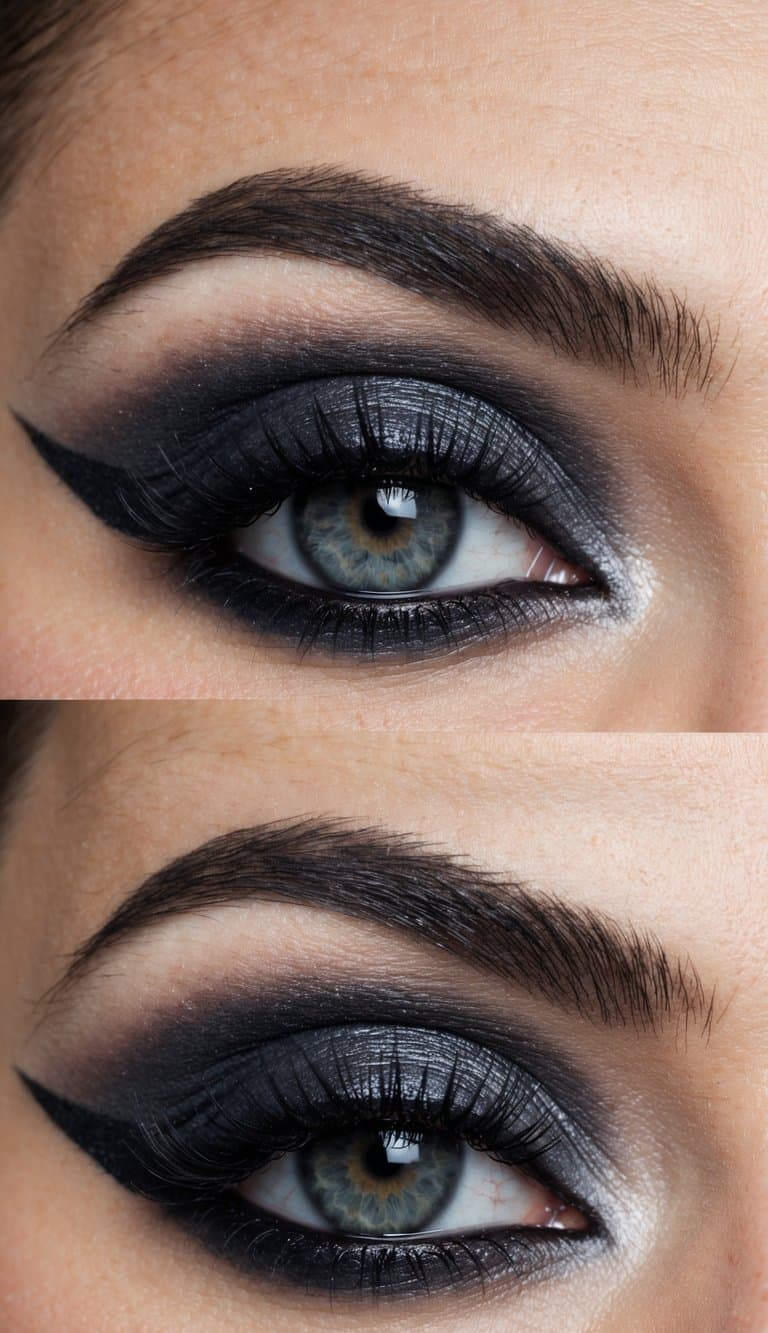 A close-up of a sultry eye with dramatic gothic-inspired makeup in shades of grey, creating a bold and mysterious look