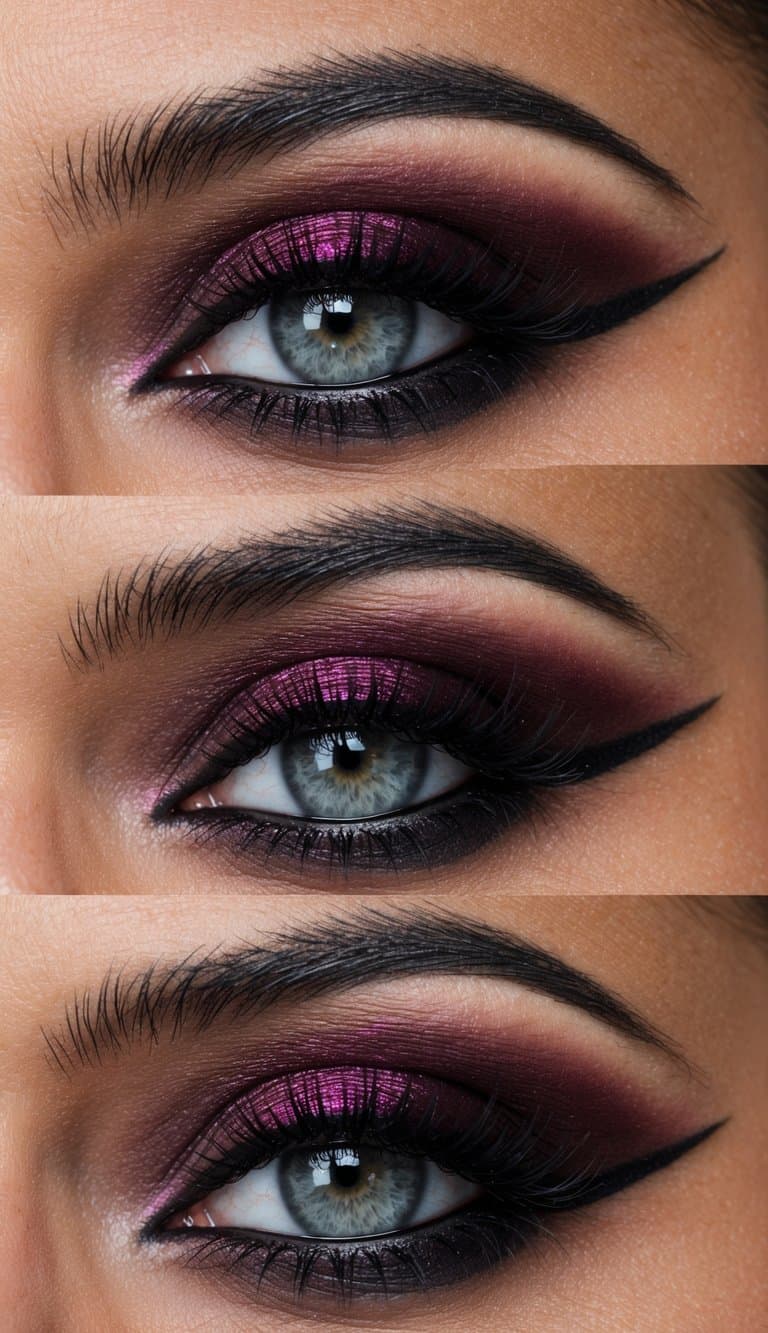 A close-up of a vampy burgundy eyeshadow crease with dark, dramatic eyeliner and a hint of shimmer for a gothic-inspired eye makeup look