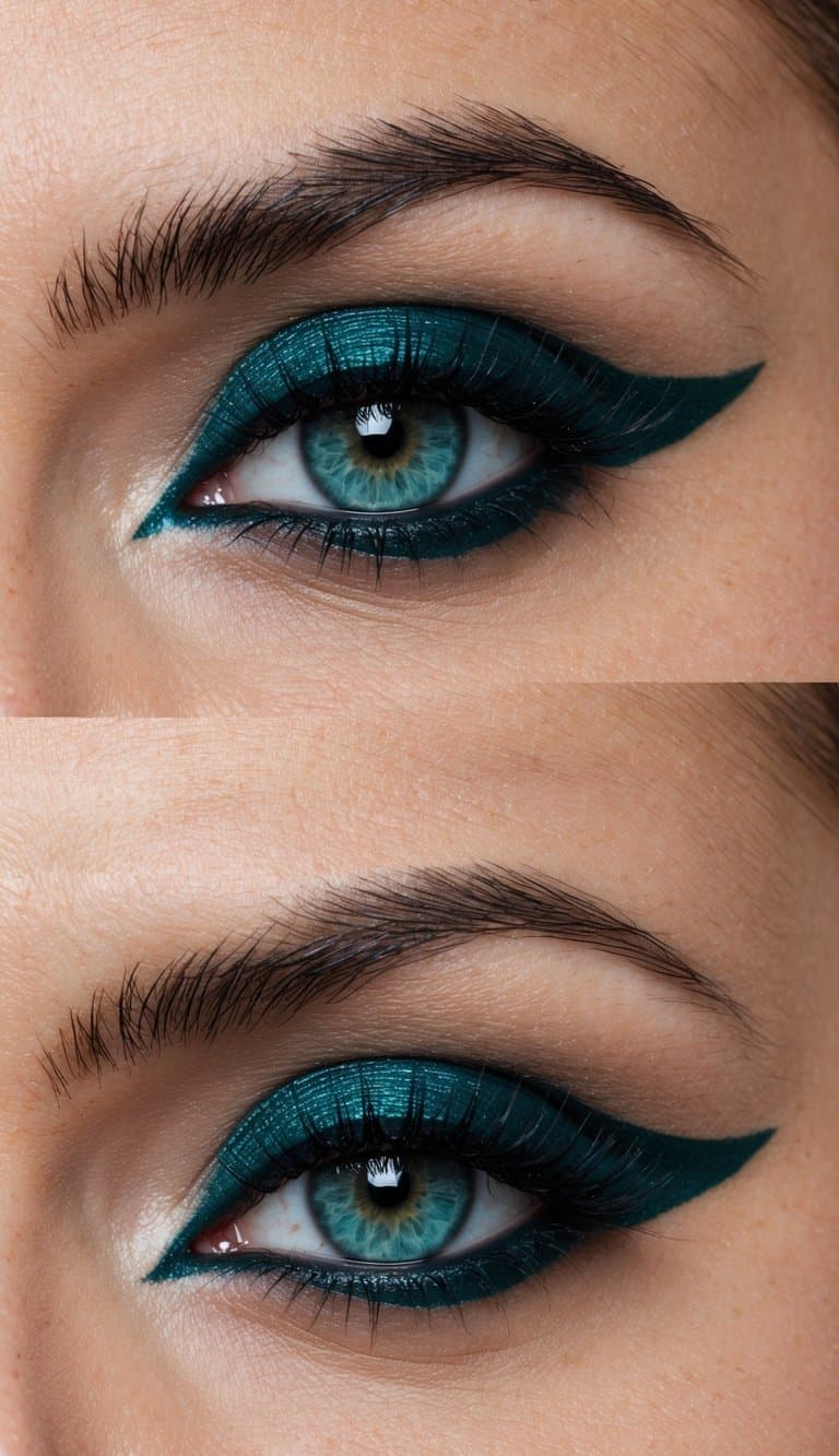 A close-up of an eye with deep emerald smudged liner, creating a simple yet dramatic gothic-inspired look
