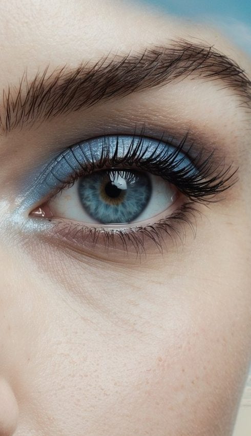 A soft, dreamy sky-blue horizon casts a shadow over a tranquil landscape