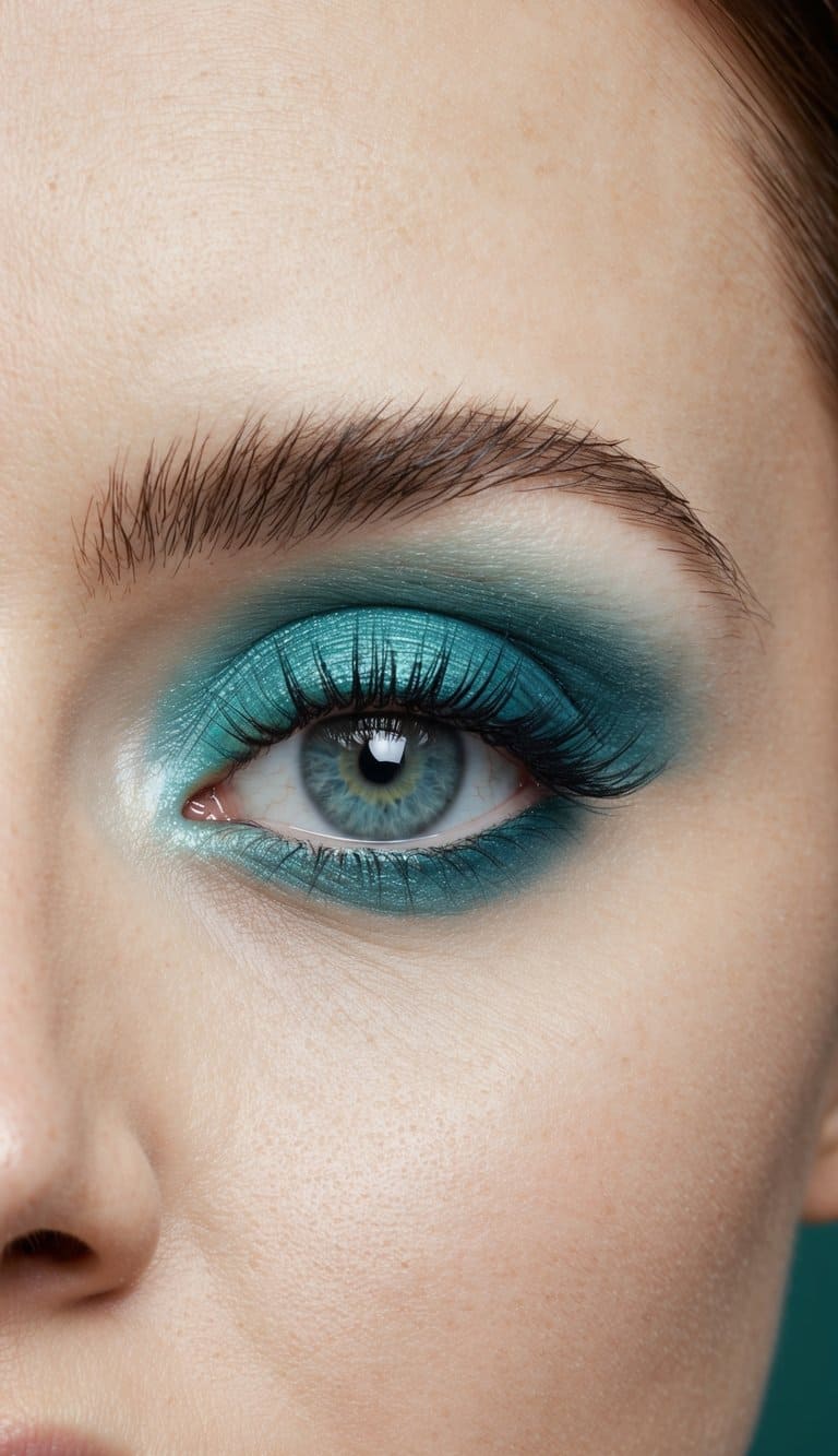 Soft, dreamy sky-blue and emerald eye makeup on a smooth, unblemished surface with a contrasting background
