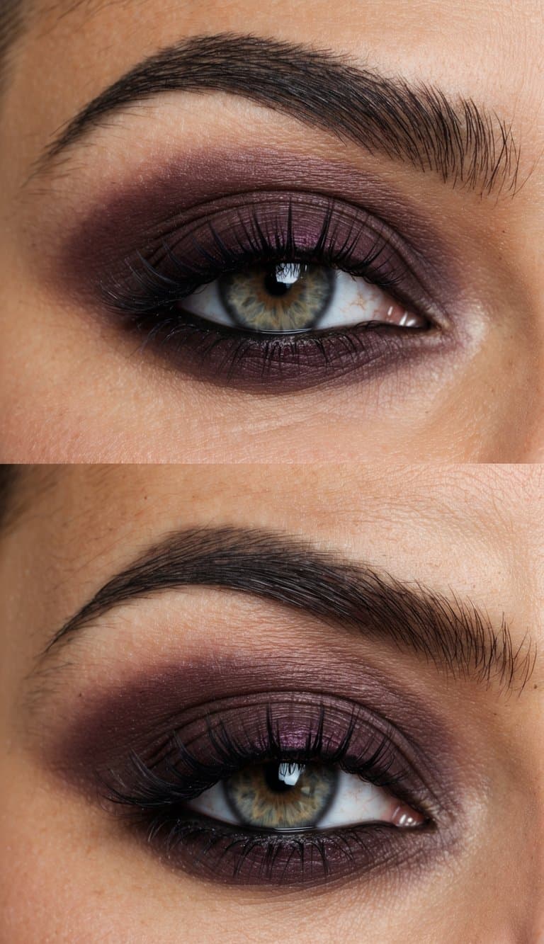 A close-up of matte maroon smoky lids with dramatic gothic-inspired eye makeup