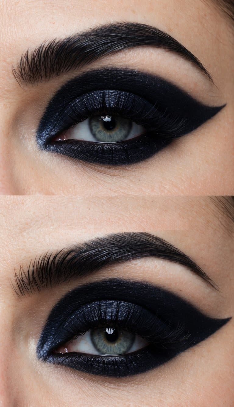 A close-up of dramatic gothic-inspired eye makeup with sculpted black brows and bold, dark eyeshadow