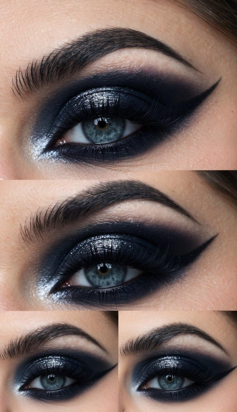 A close-up of a dramatic gothic eye makeup look with a cold smoke effect, featuring dark eyeshadow, bold eyeliner, and possibly some glitter or shimmer