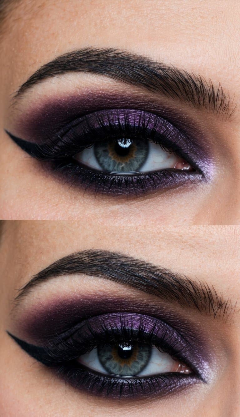 A close-up of dramatic gothic-inspired eye makeup in plum tones, featuring bold eyeliner and dark, smoky eyeshadow