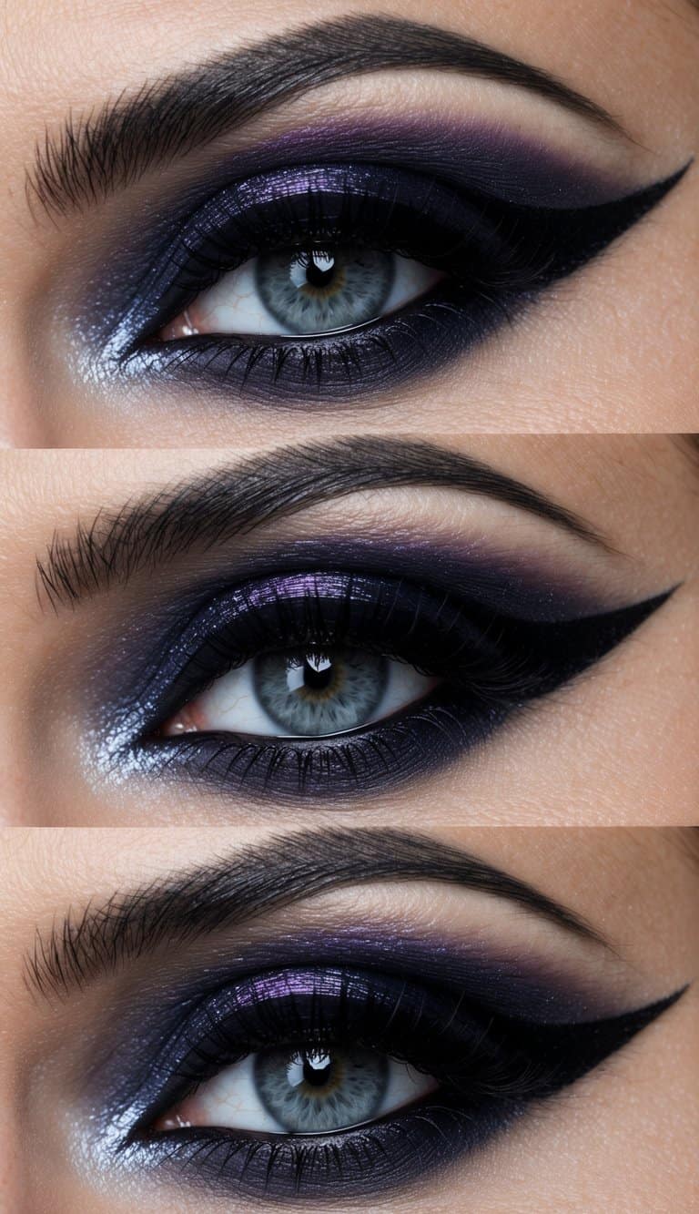 A dark, dramatic eye with bold black liner and deep purple shadow, accented with shimmering silver and touches of midnight blue