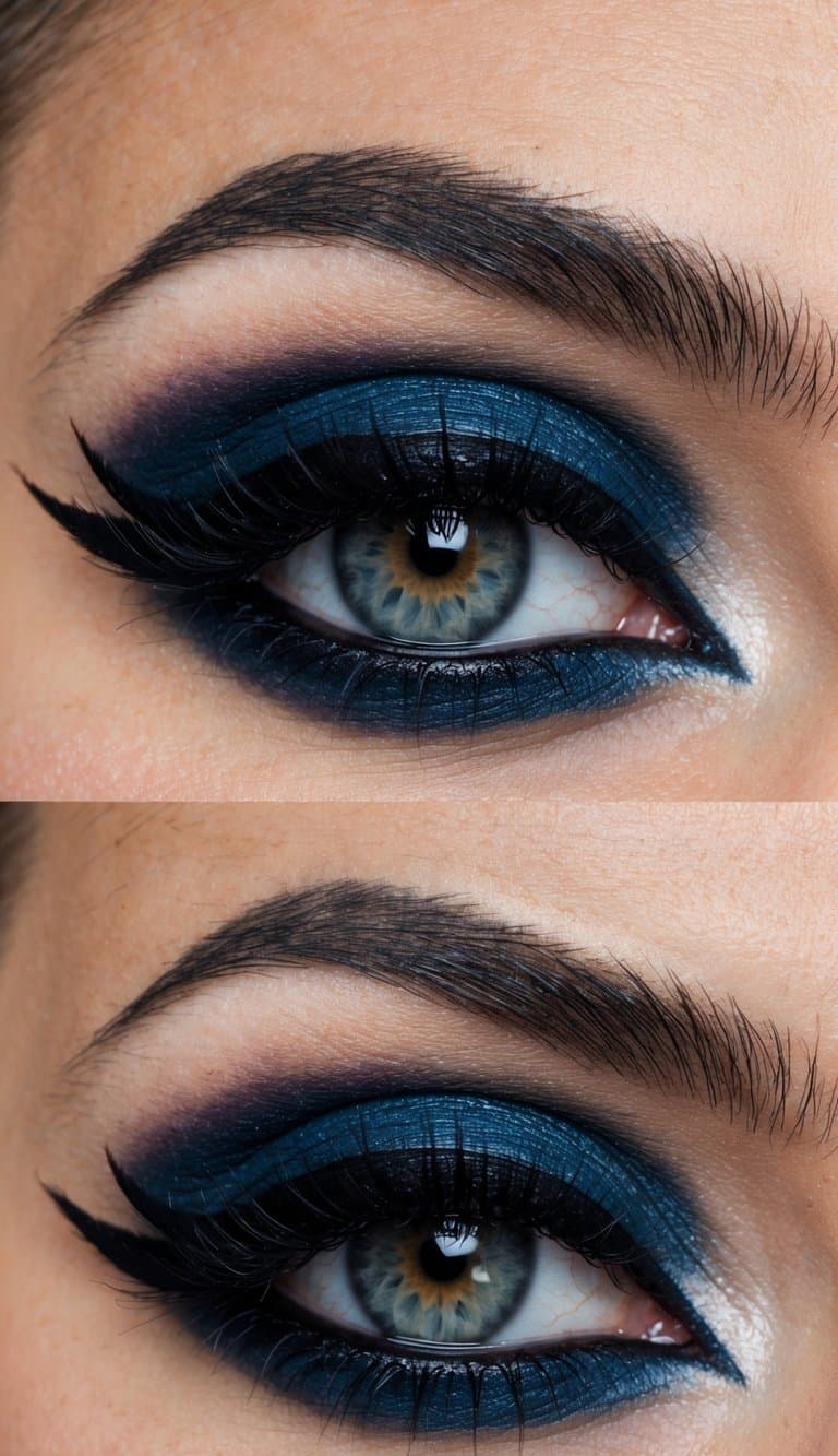 A close-up of a single eye with a dramatic gothic-inspired makeup look, featuring bold velvet liner details and dark, intense colors