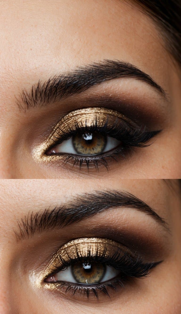 A close-up of a sultry smokey eye with gold shimmer, capturing the romantic and dramatic wedding makeup look