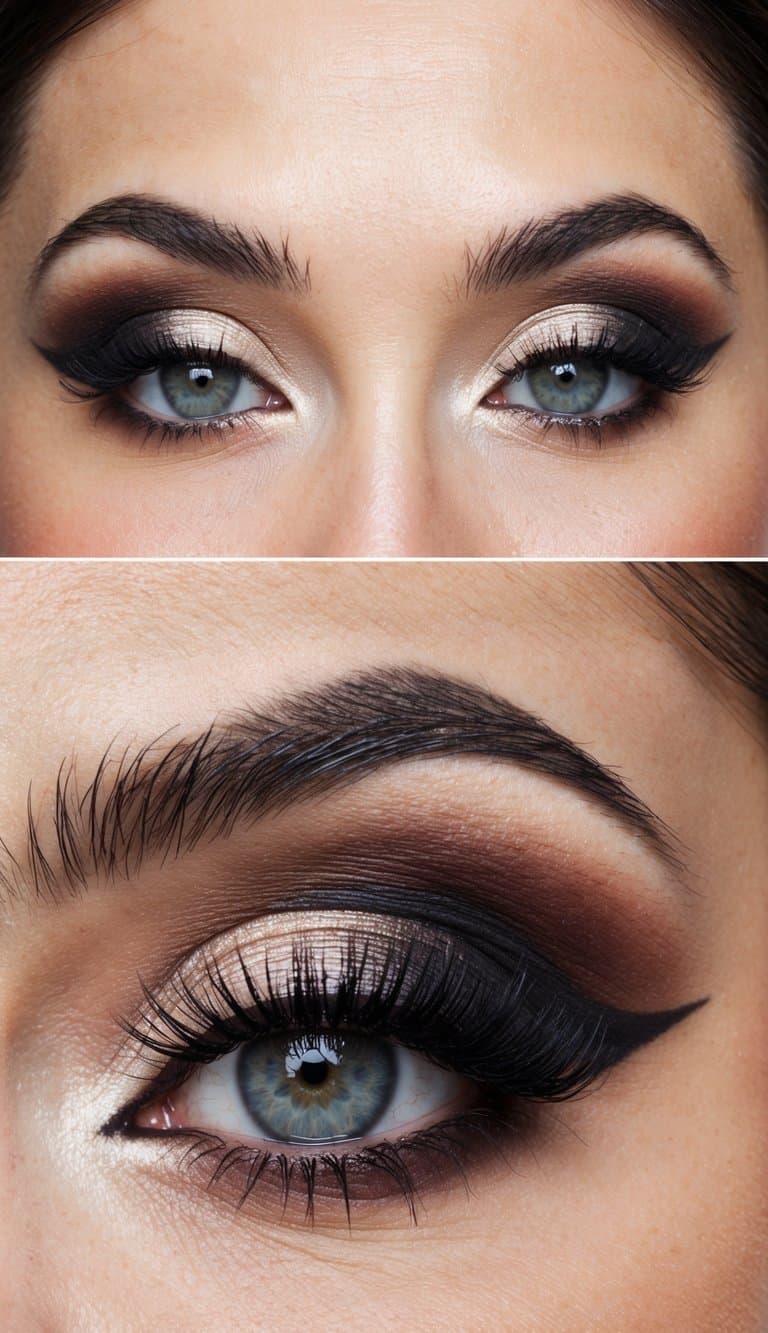 A bride's closed eyes with a dramatic and romantic smokey eye makeup look, complemented by soft blush tones on her cheeks