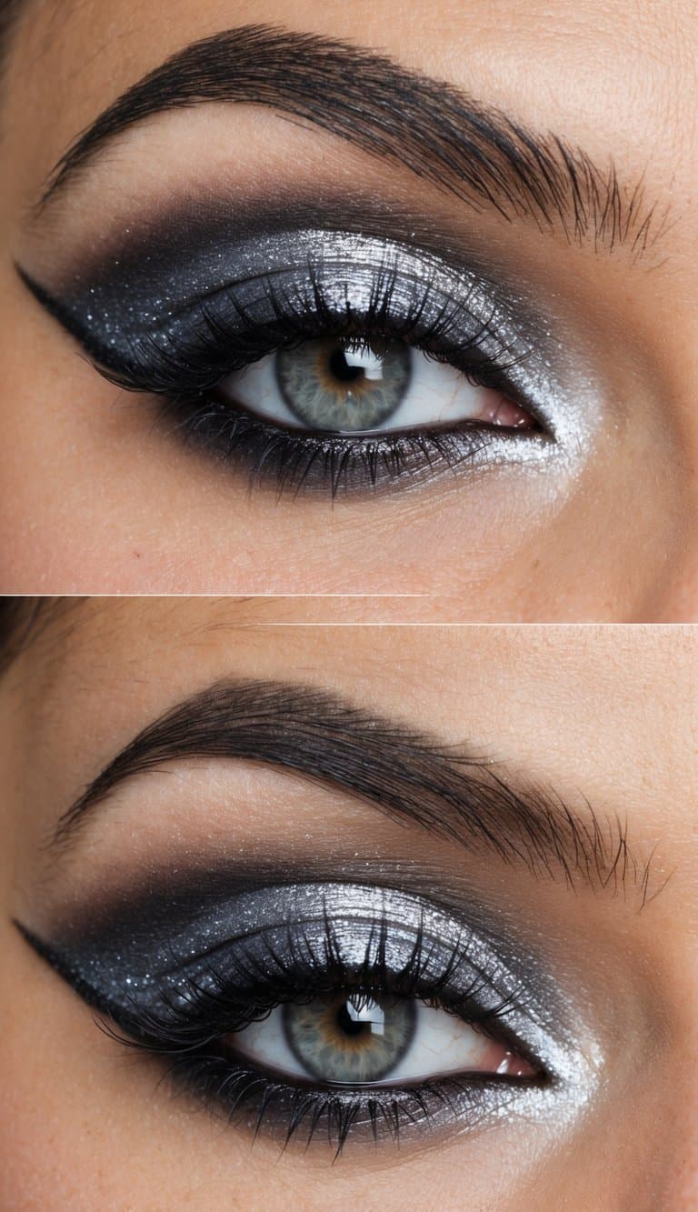 A close-up of a shimmering silver smokey eye makeup look, with depth and drama, perfect for an evening wedding