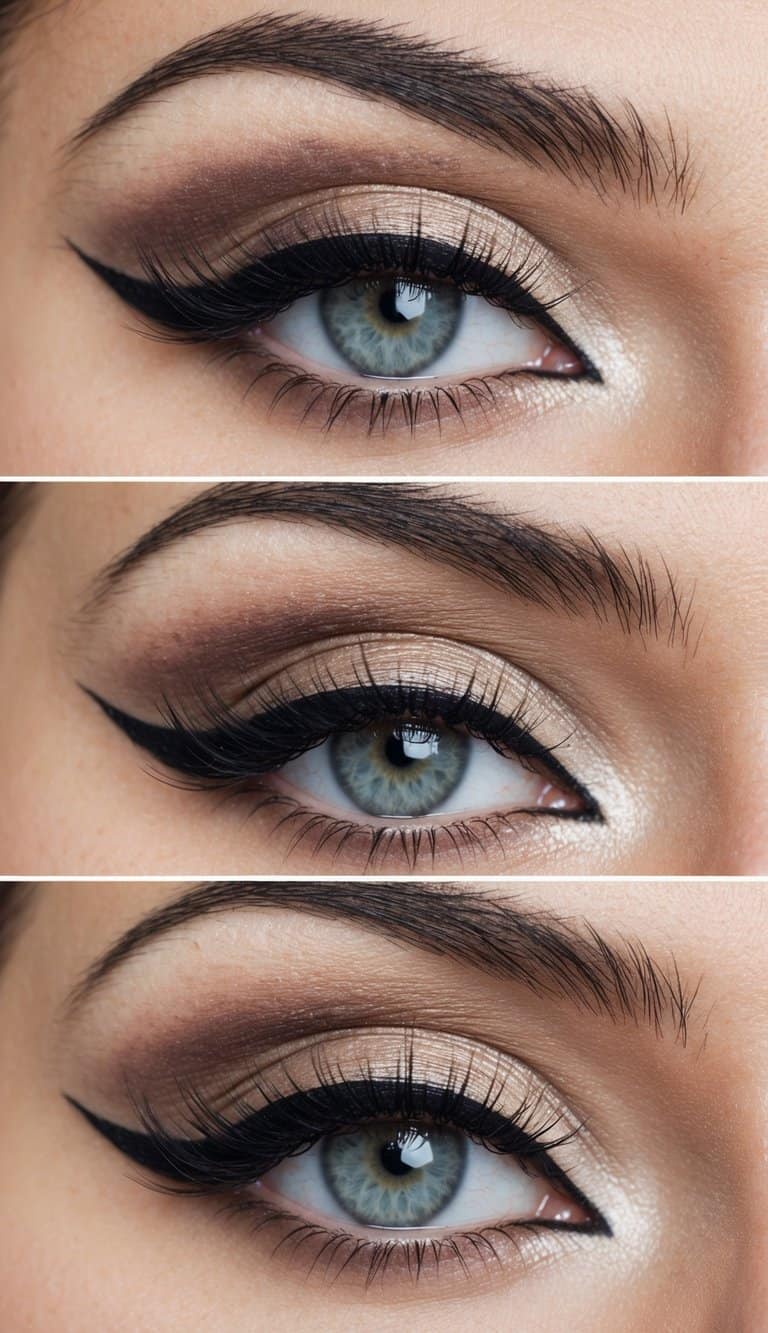 A close-up view of an elegant and timeless smokey eye bridal makeup look with winged eyeliner and soft, blended eyeshadow in neutral tones