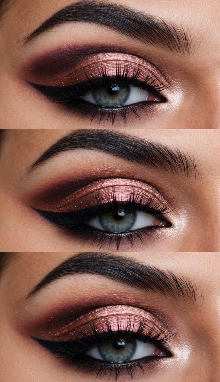 A close-up of a dramatic and romantic smokey eye makeup look with rose hues, perfect for a wedding