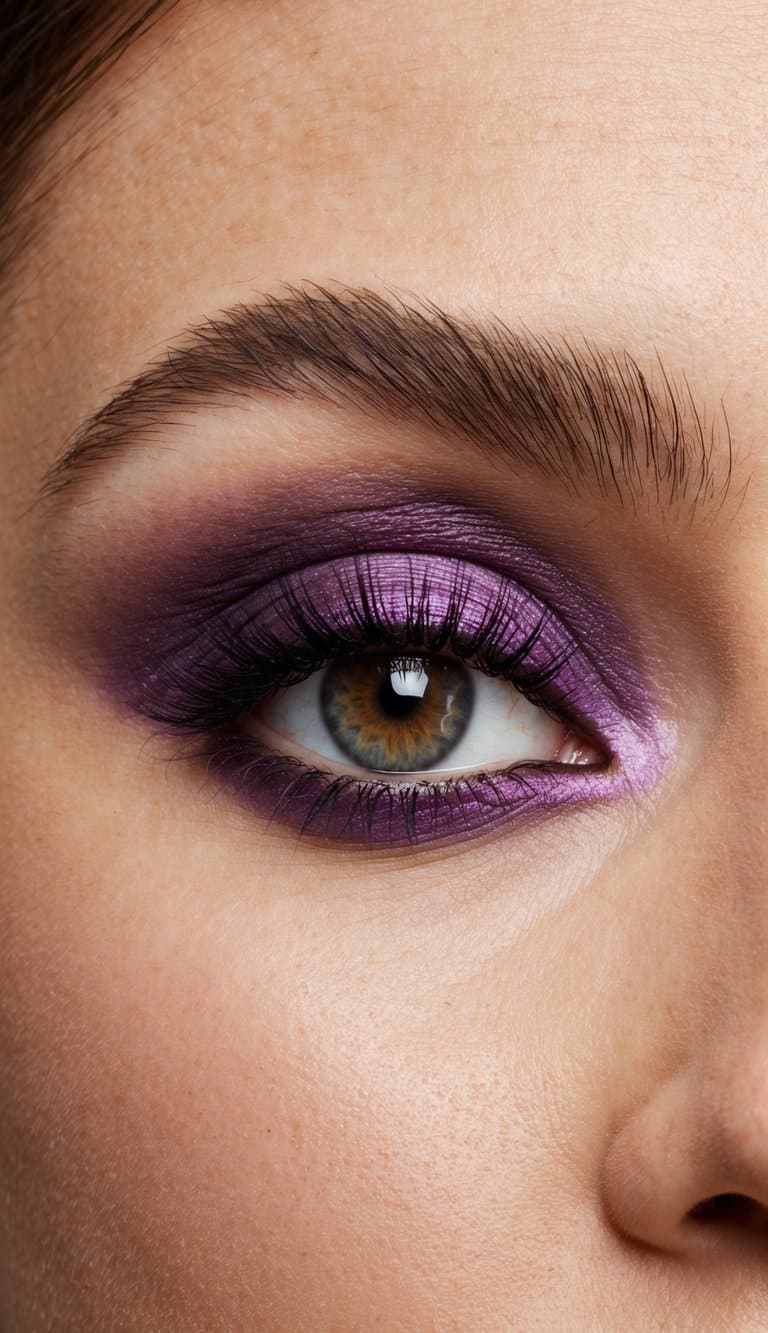 A close-up of a purple smokey eye makeup look with elegant and timeless features
