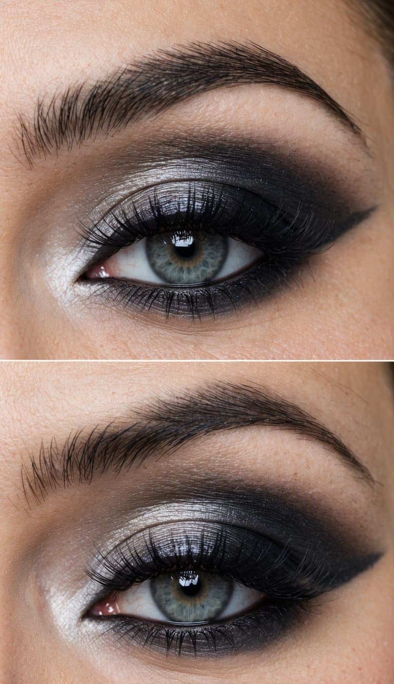 A close-up of an elegant and timeless smokey eye bridal makeup look, featuring soft, blended shades of gray and black with a hint of shimmer