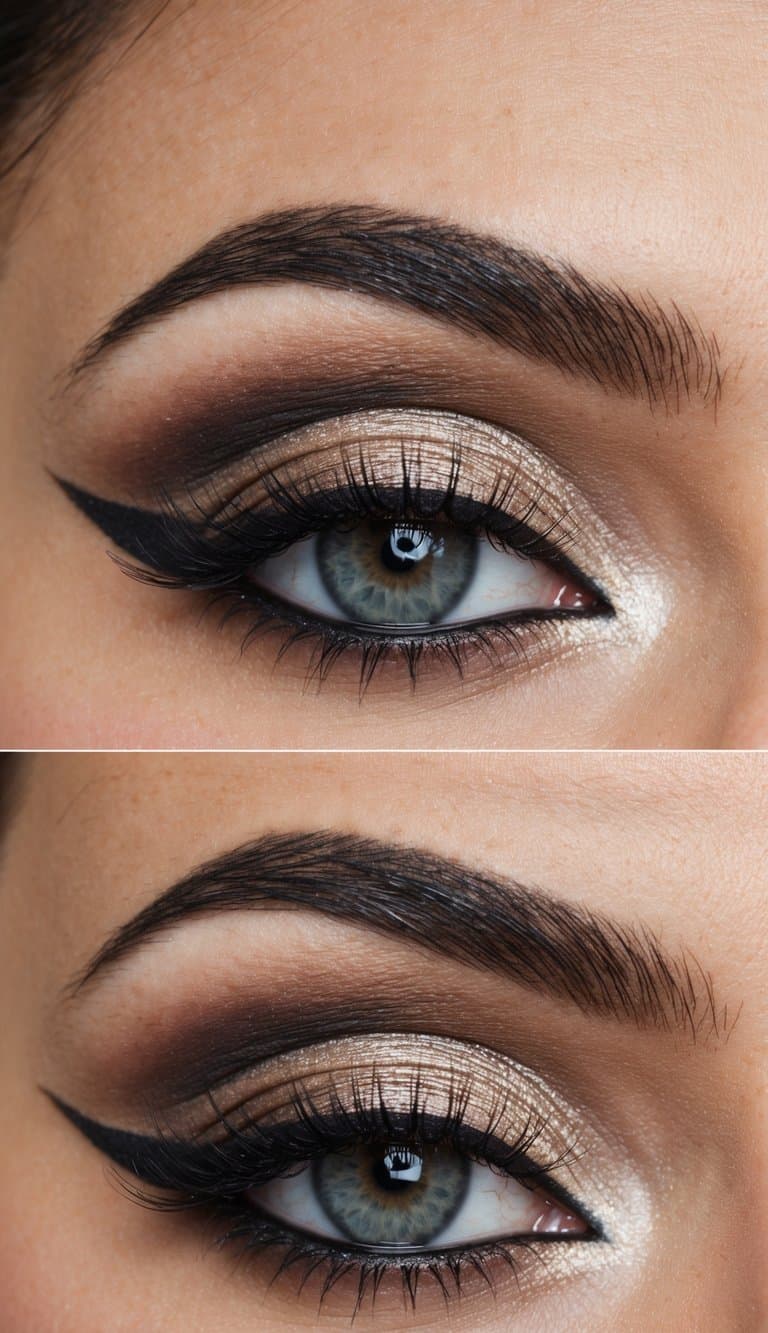 A close-up of an elegant and timeless smokey eye bridal makeup look with a defined cut crease, showcasing the intricate details and blending of eyeshadow shades